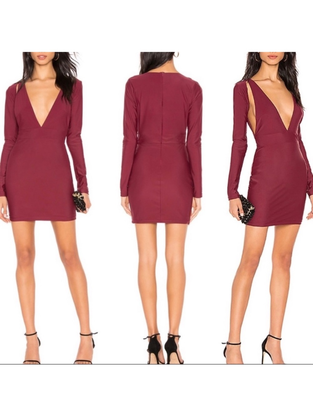 Revolve Deep V Long-Sleeve Bodycon Dress in Wine